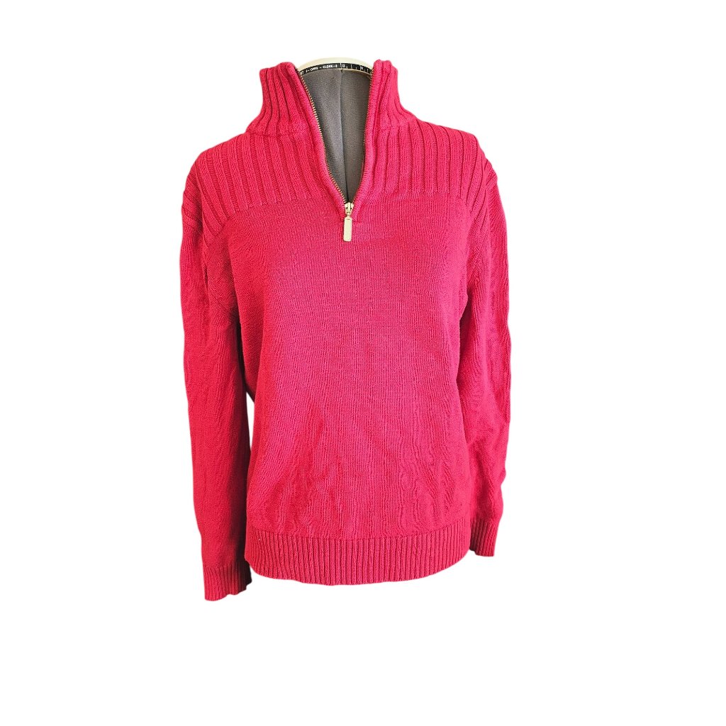 Karen Scott 100%Cotton Sweater Large Red Quarter Zip Ribbed Crew Neck Pullover
